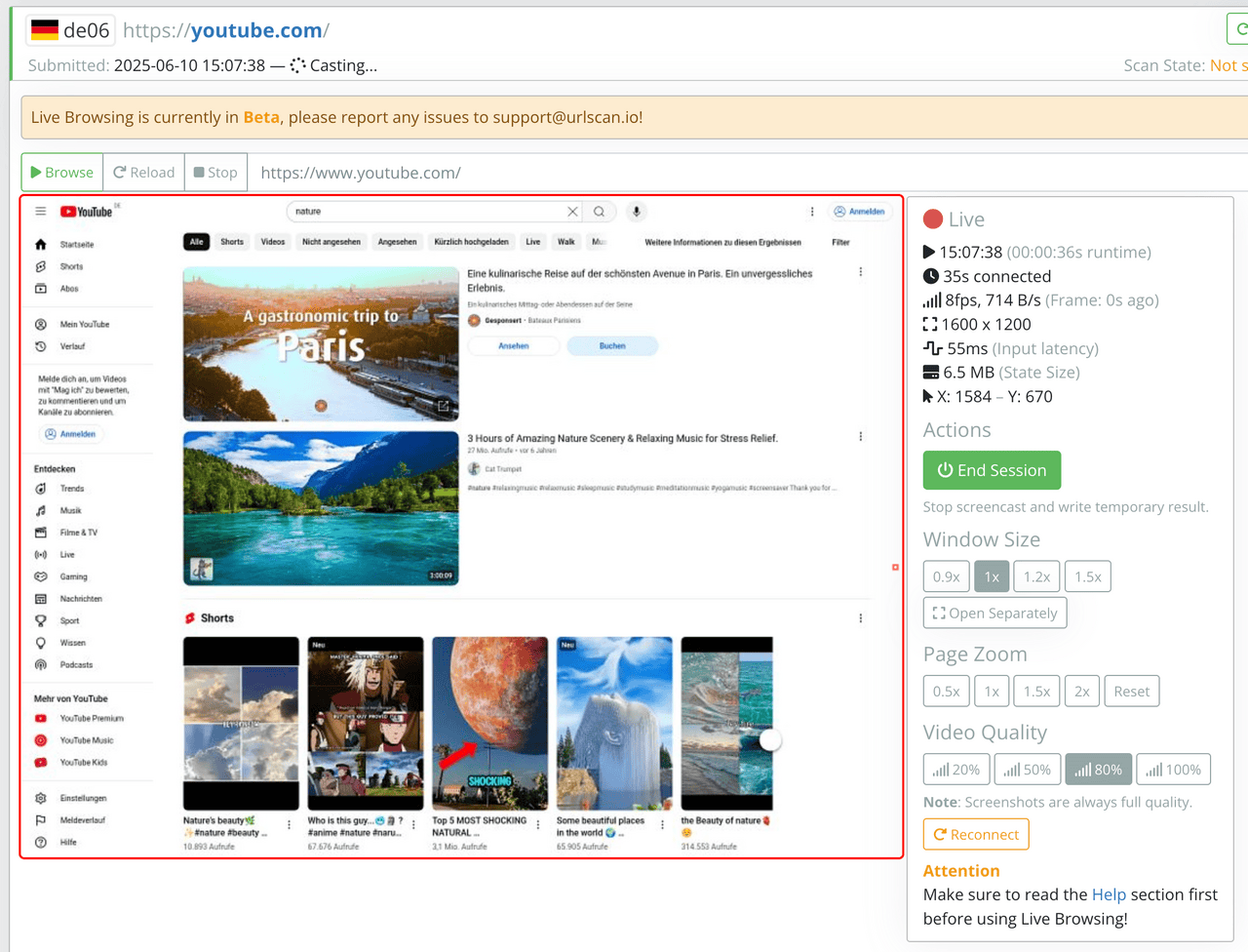 urlscan Live Browsing
